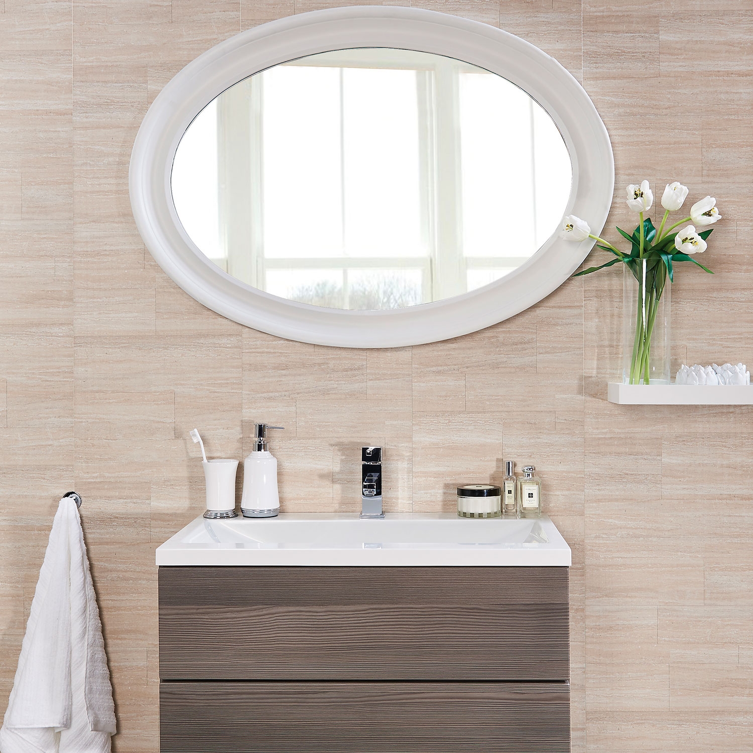 Taupe Dune marble 8mm bathroom panels from Marbrex install in a bathroom